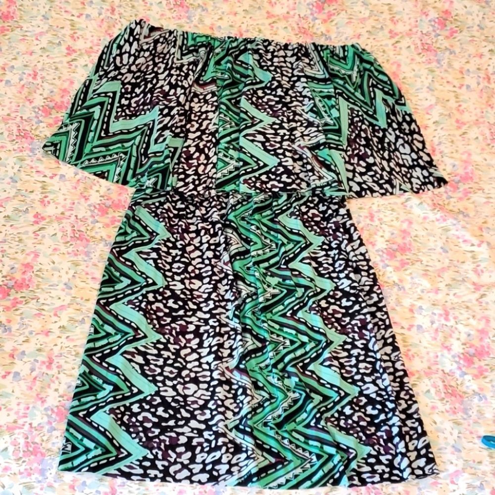 Gorgeous T-bags Los Angeles off the shoulder strapless dress L green black ivory - Picture 2 of 3